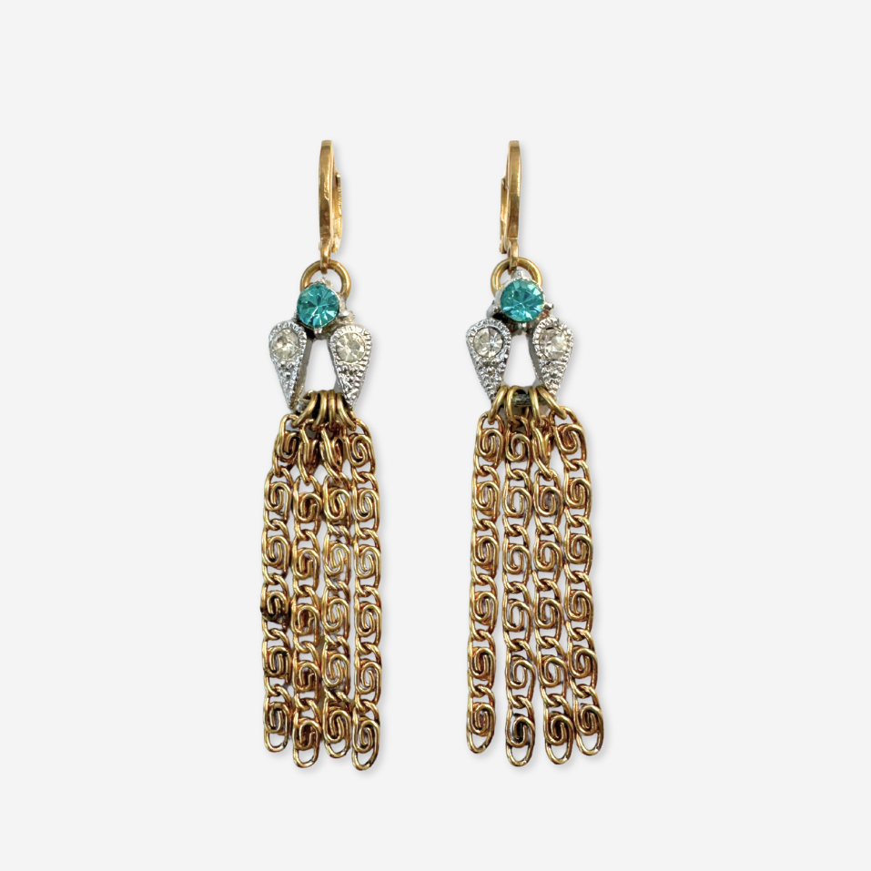 Aqua and clear refashioned vintage rhinestone gold tassel earrings