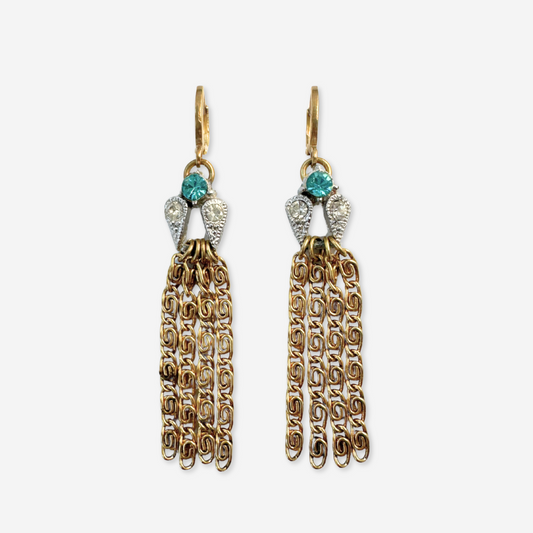 Aqua and clear refashioned vintage rhinestone gold tassel earrings