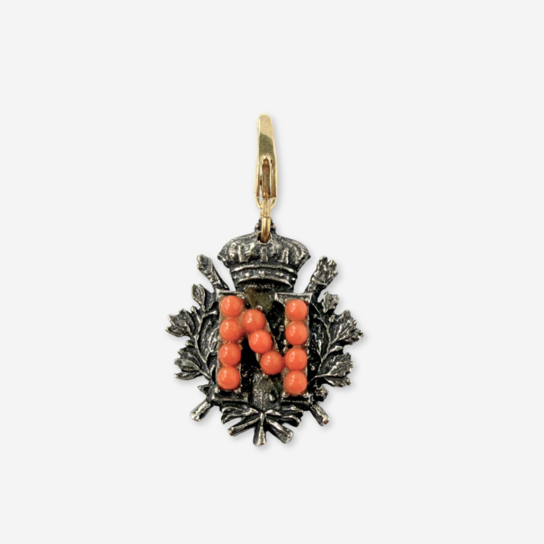 Refashioned vintage silver and coral letter "N" coat of arms charm