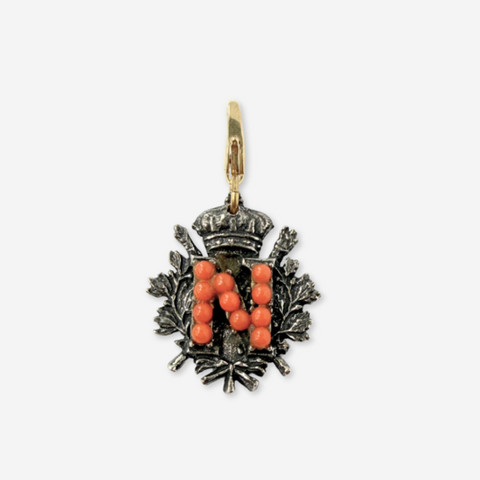 Refashioned vintage silver and coral letter "N" coat of arms charm