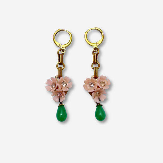 Refashioned vintage pink floral and green teardrop assemblage earrings