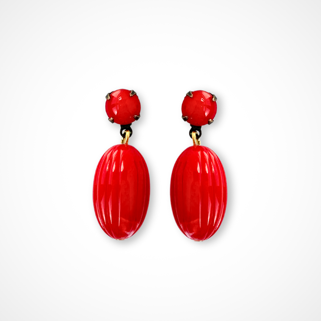 Refashioned red vintage fluted oblong bead earrings with red opaque glass posts