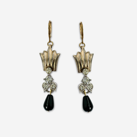 Refashioned vintage fan earrings with clear rhinestone link and black teardrop