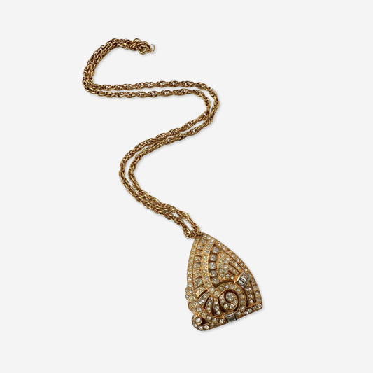 Refashioned vintage clear and gold large art deco pendant necklace