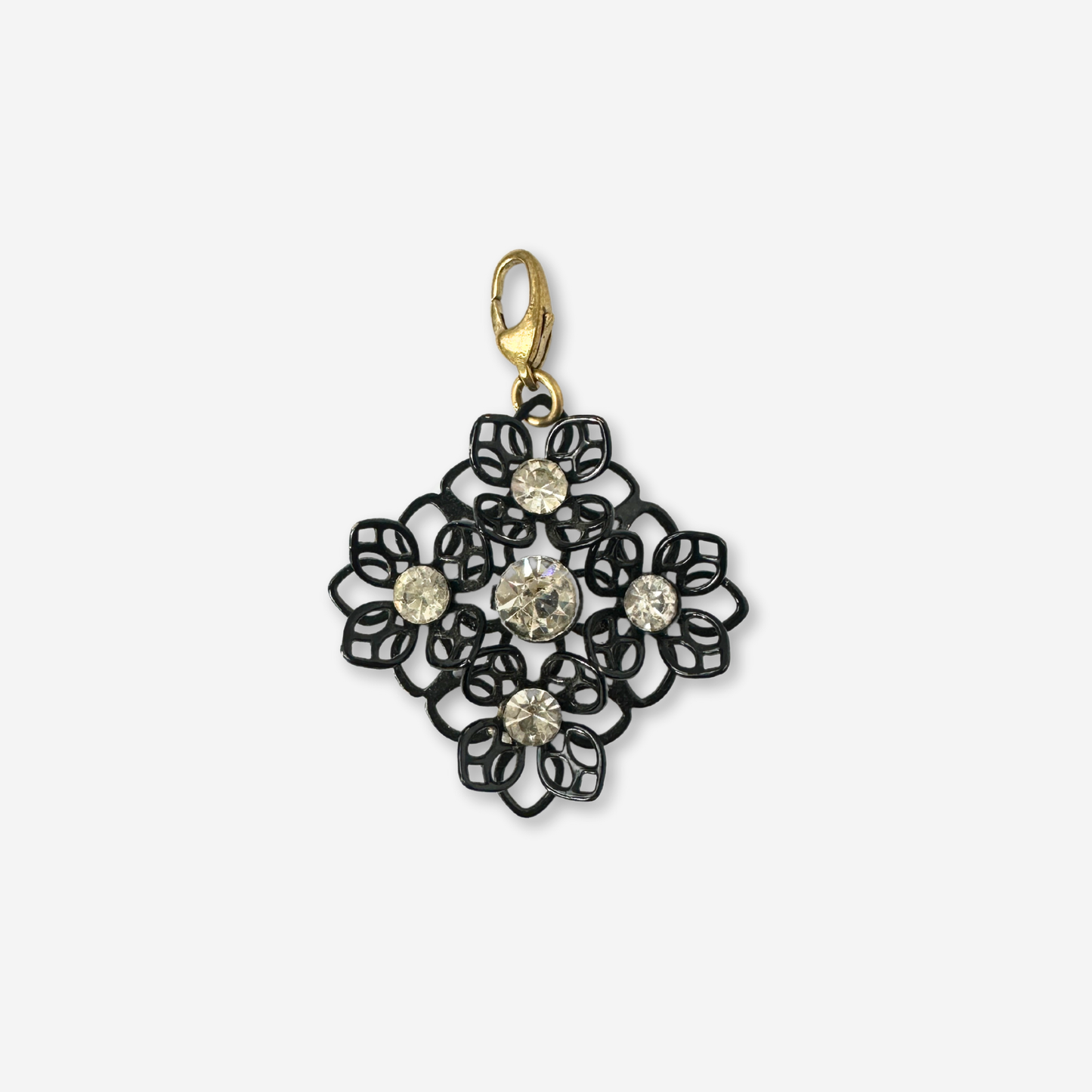 Vintage black enamel and rhinestone open flower cluster charm