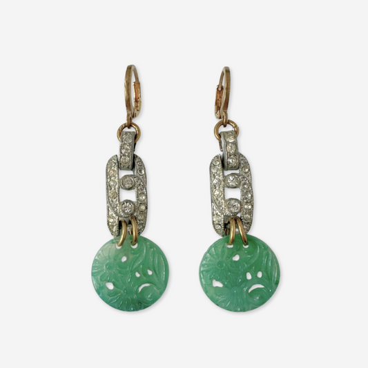 Refashioned vintage pieced jade and rhinestone link earrings