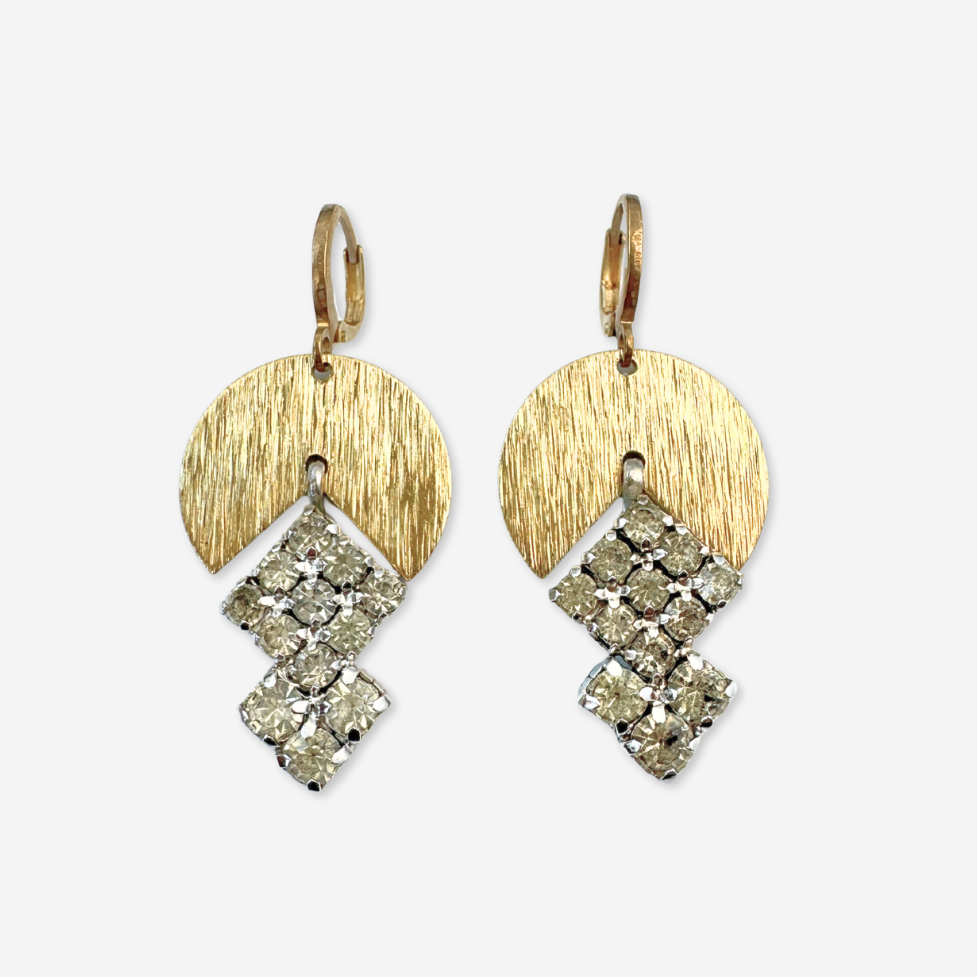 Refashioned vintage clear rhinestone earrings with brass wedge