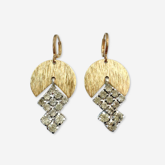 Refashioned vintage clear rhinestone earrings with brass wedge