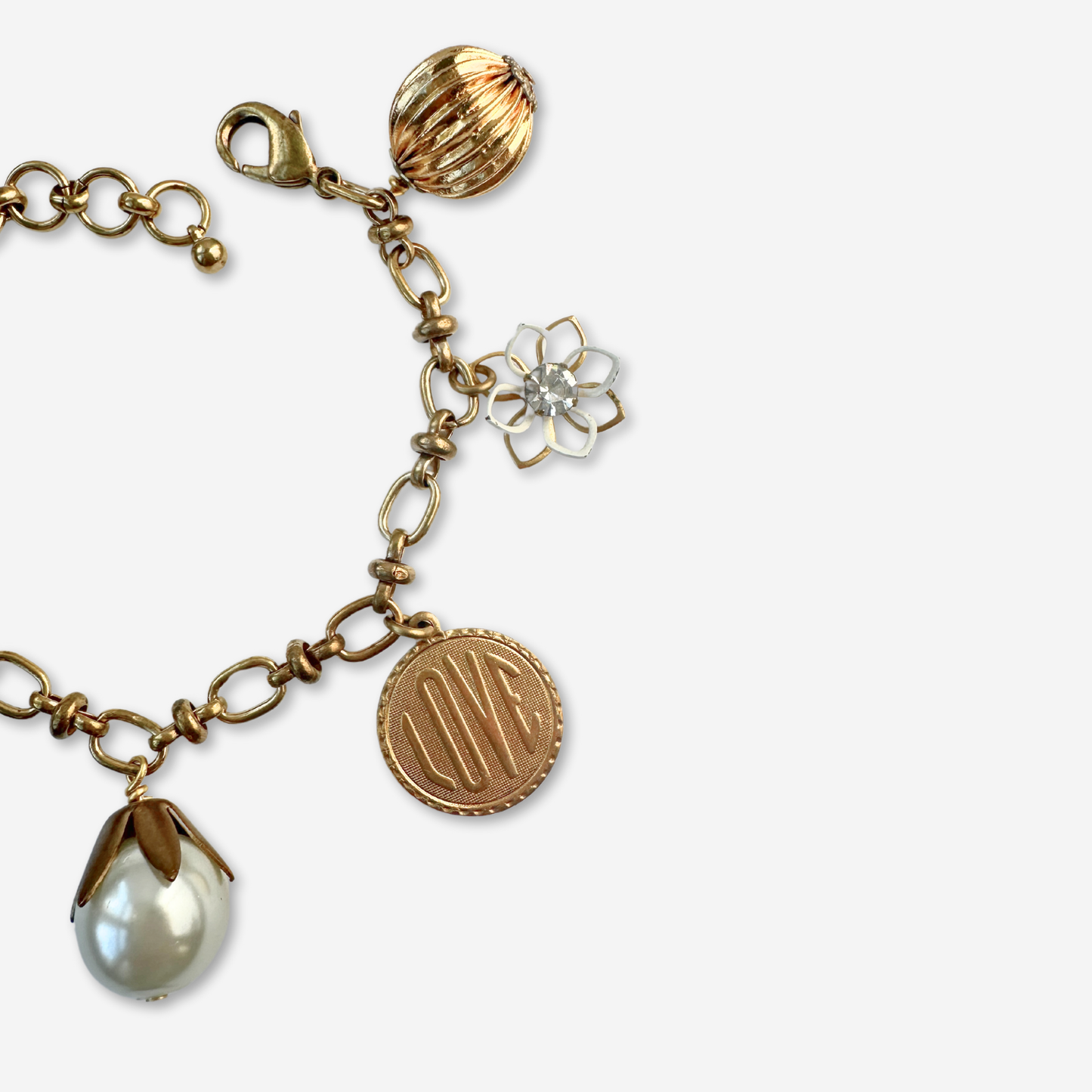 Repurposed vintage pearl and brass larger charm bracelet