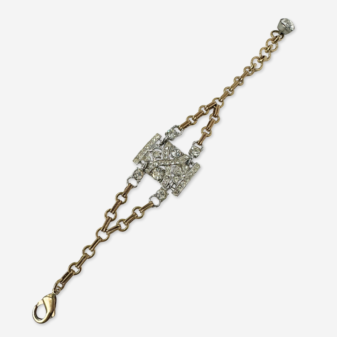 Refashioned vintage clear rhinestone link bracelet with brass chain