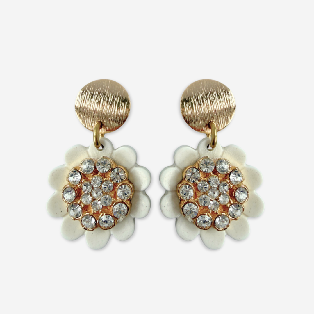 Refashioned vintage layered white flower and rhinestone button earrings