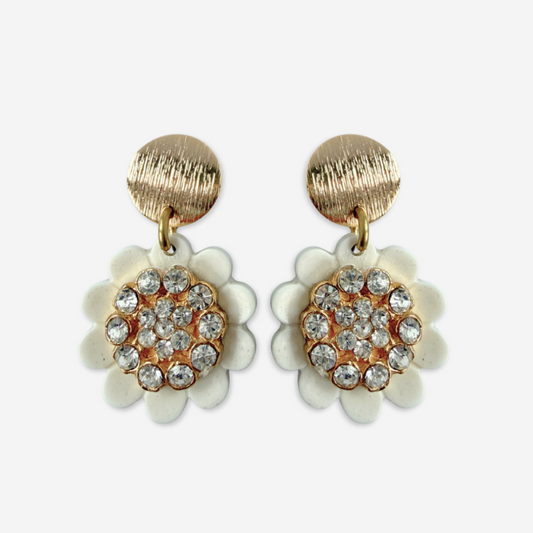 Refashioned vintage layered white flower and rhinestone button earrings