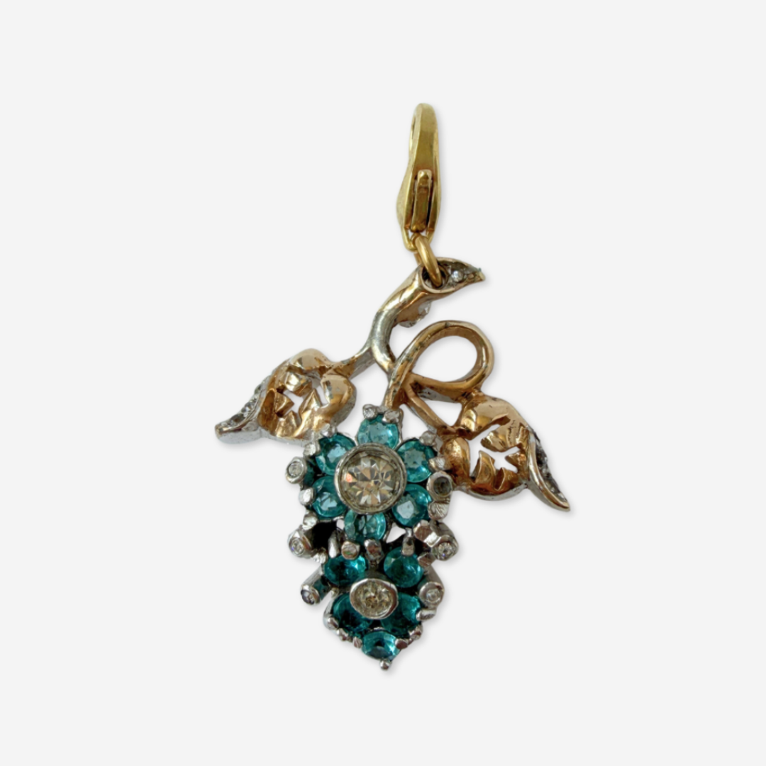Vintage aqua blue rhinestone floral charm