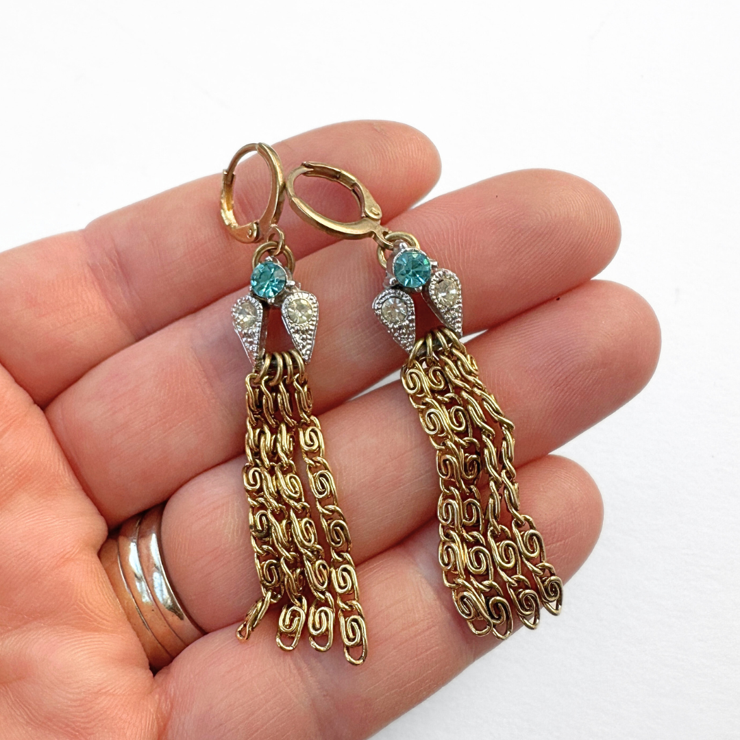 Aqua and clear refashioned vintage rhinestone gold tassel earrings