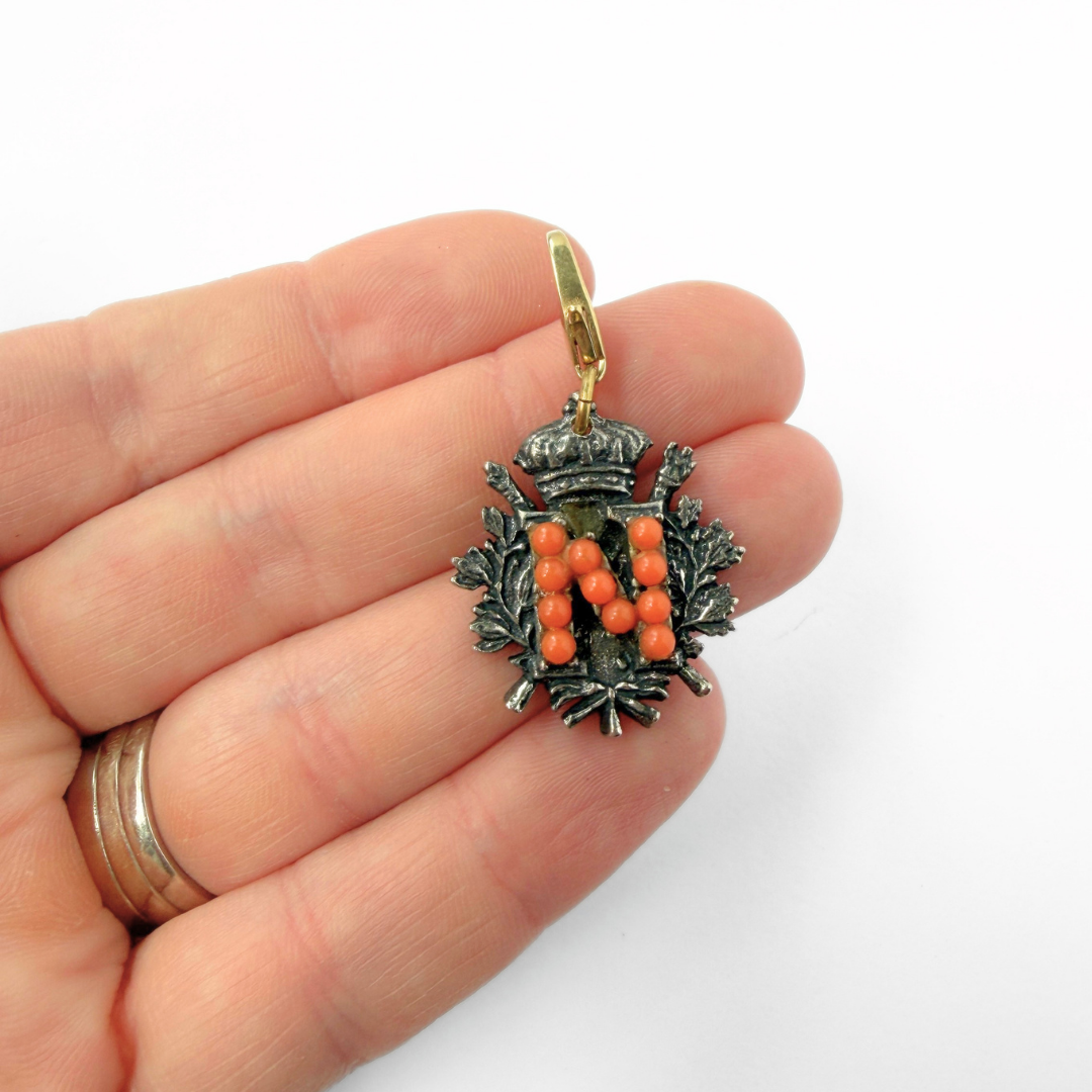Refashioned vintage silver and coral letter "N" coat of arms charm