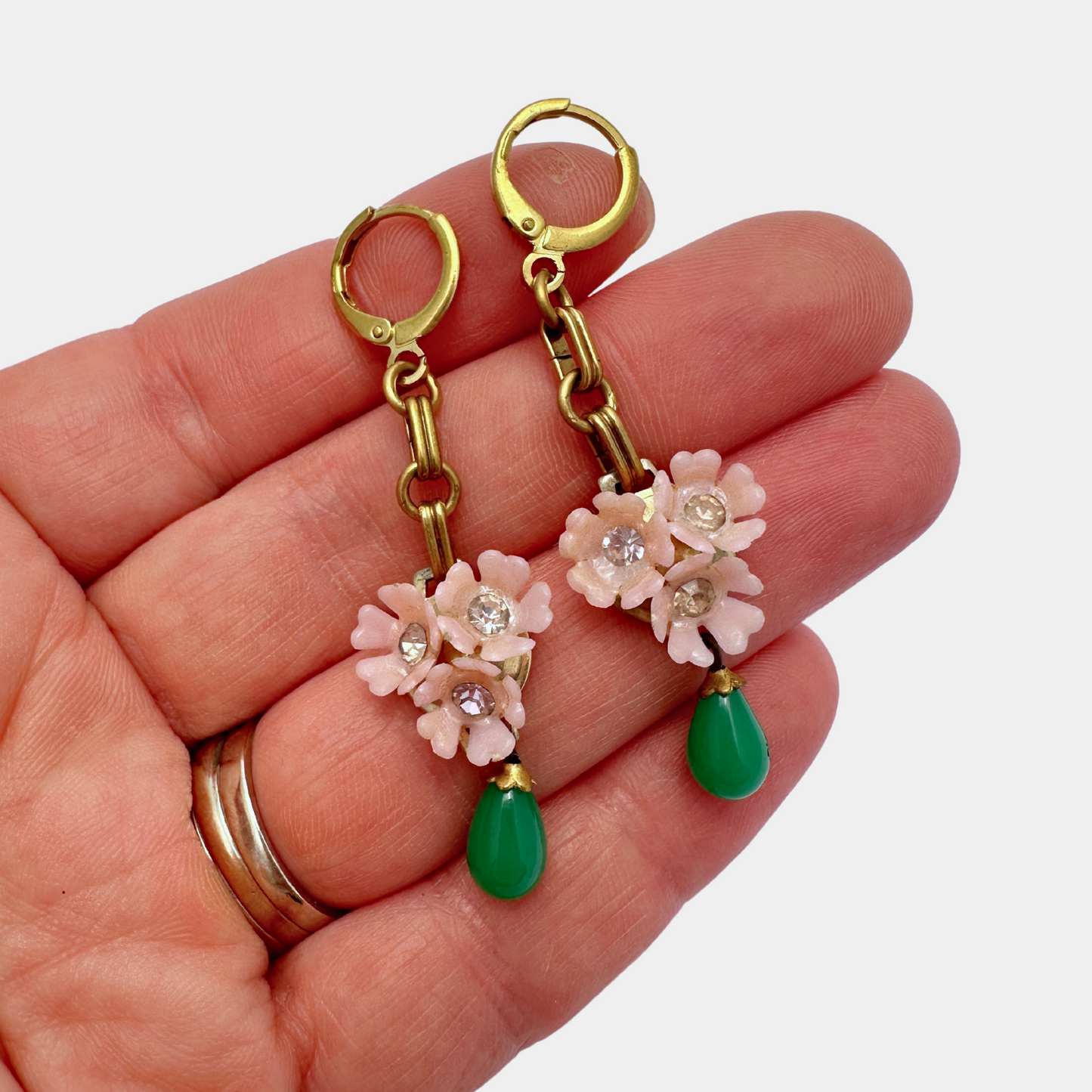 Refashioned vintage pink floral and green teardrop assemblage earrings