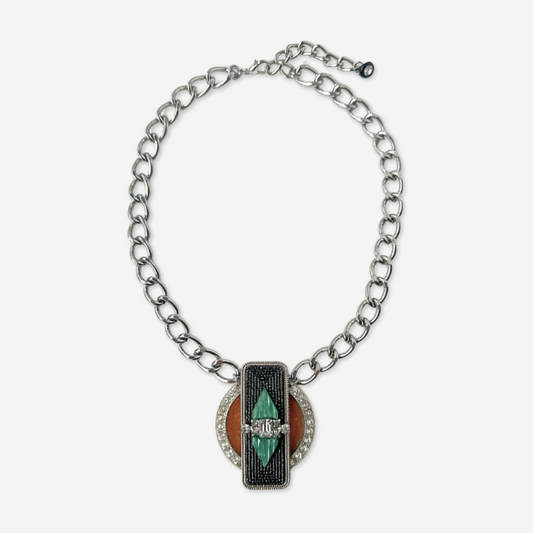 Repurposed Vintage black, green, and butterscotch bakelite rhinestone assemblage necklace