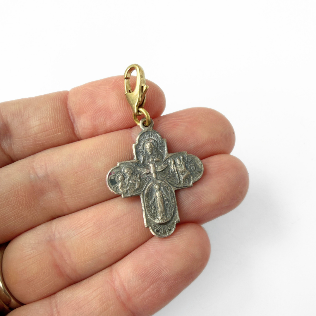 Vintage aged silver four-way scapular cross charm pendant