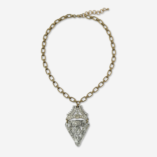 Refashioned 2-pc vintage art deco rhinestone and brass pendant necklace