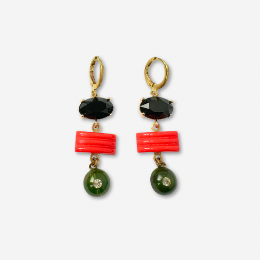 Black, red, and olive green refashioned vintage assemblage earrings