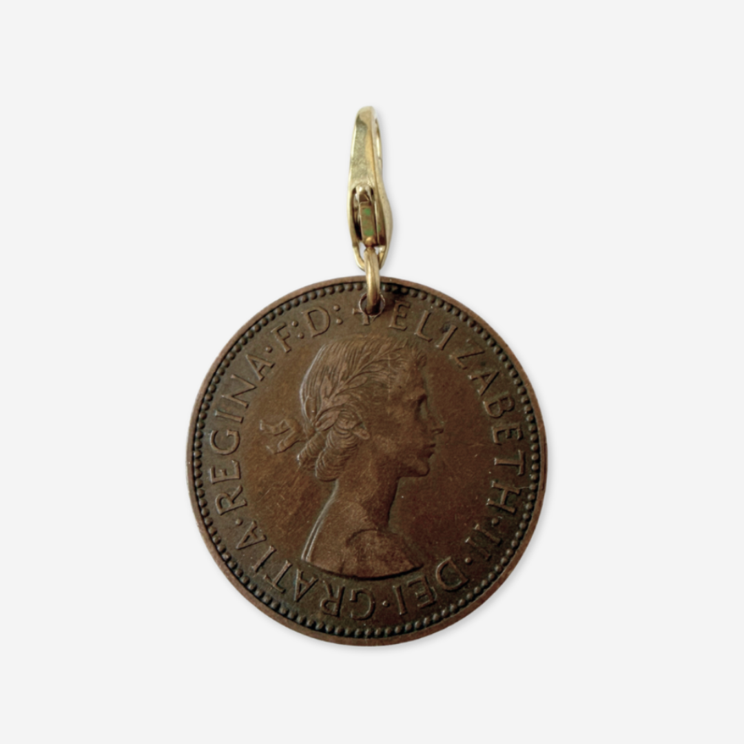 Vintage bronze 1955 Queen Elizabeth half penny coin charm
