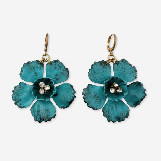 Large teal blue repurposed vintage enamel flower earrings