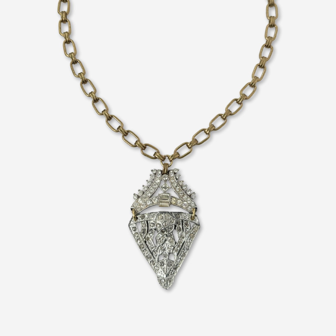 Refashioned 2-pc vintage art deco rhinestone and brass pendant necklace