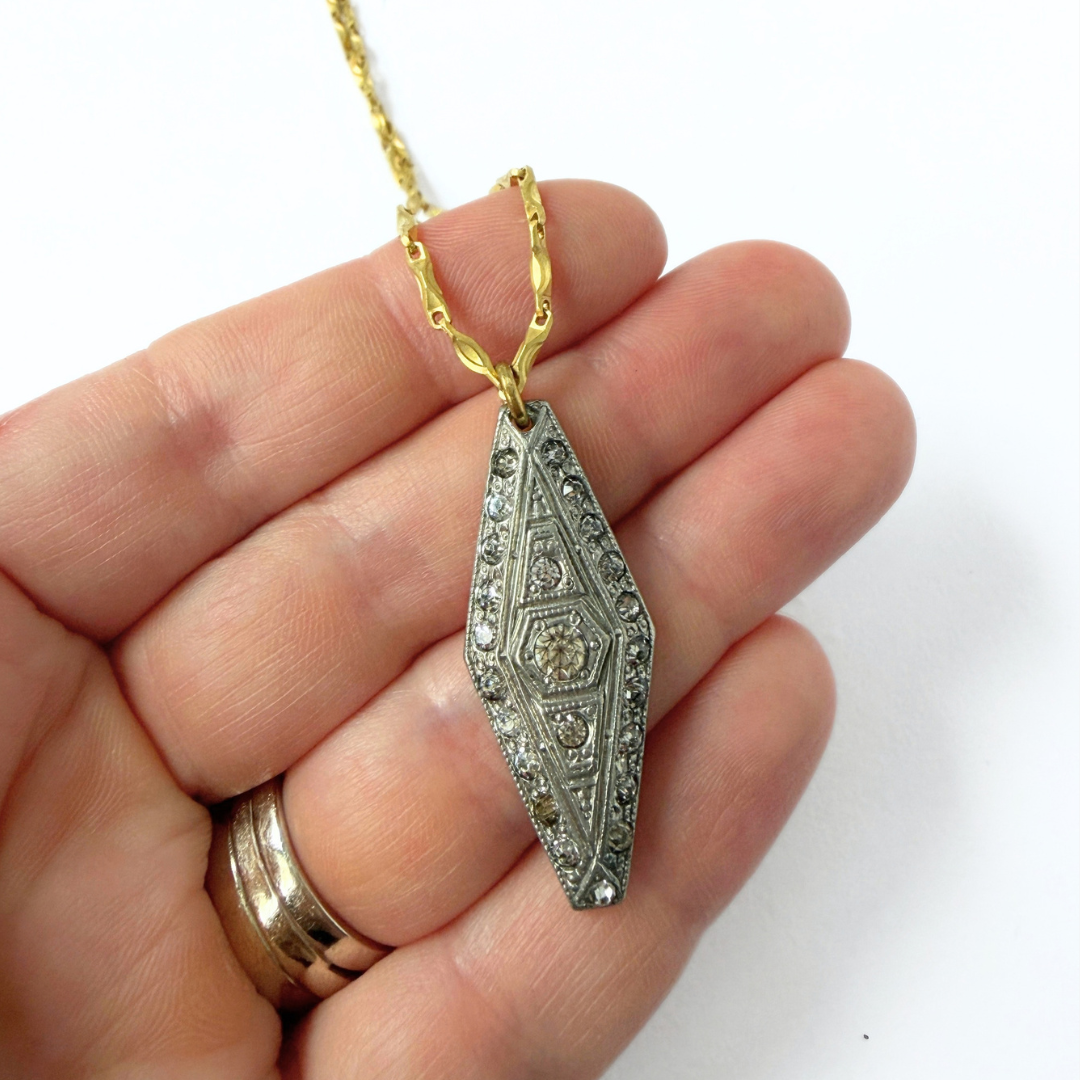 Refashioned vintage art deco rhinestone pendant on thin gold chain