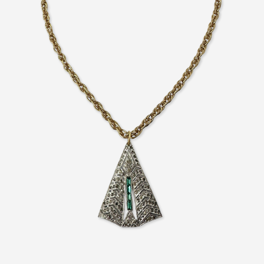 Refashioned vintage clear and teal green triangular pendant necklace