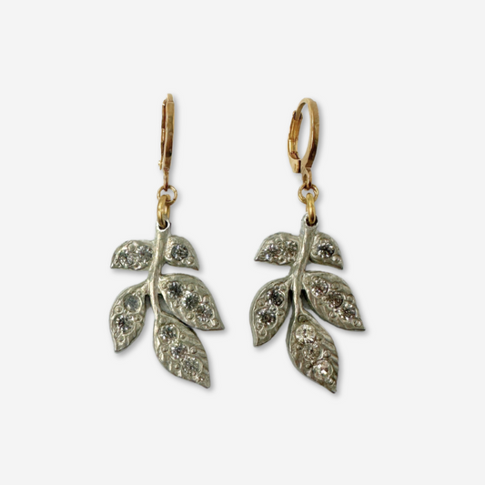 Refashioned vintage silver rhinestone leaf drops with brass lever backs