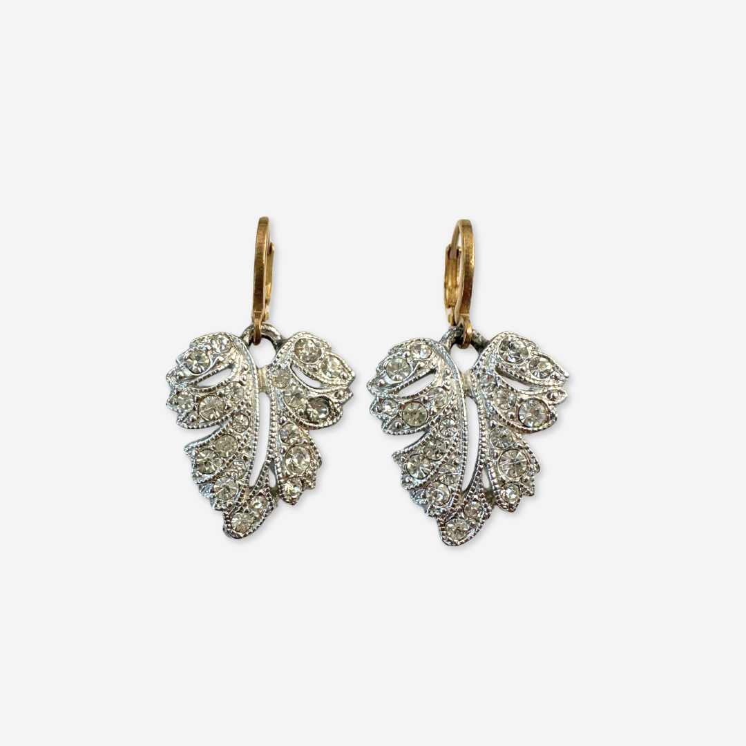 Refashioned vintage silver rhinestone leaf drops with brass lever backs