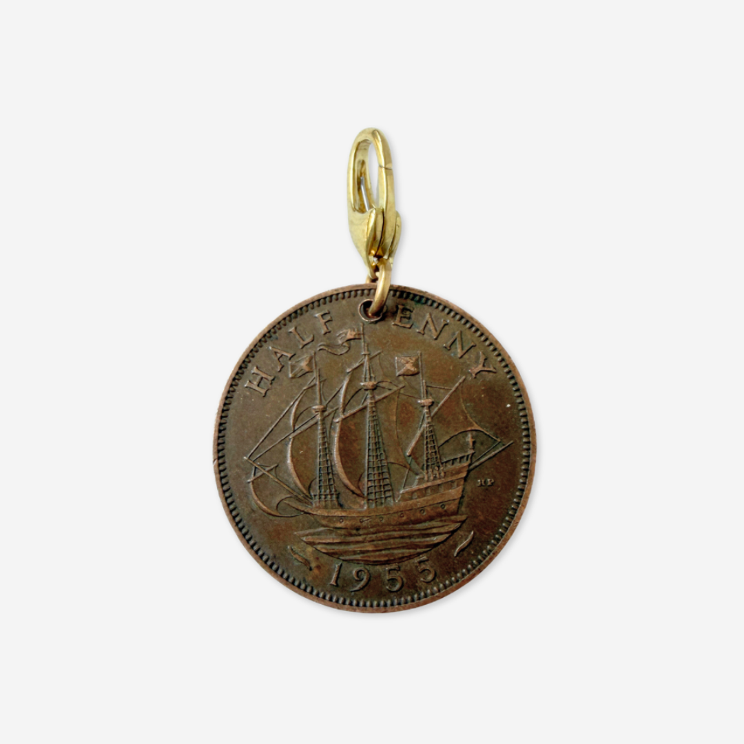 Vintage bronze 1955 Queen Elizabeth half penny coin charm