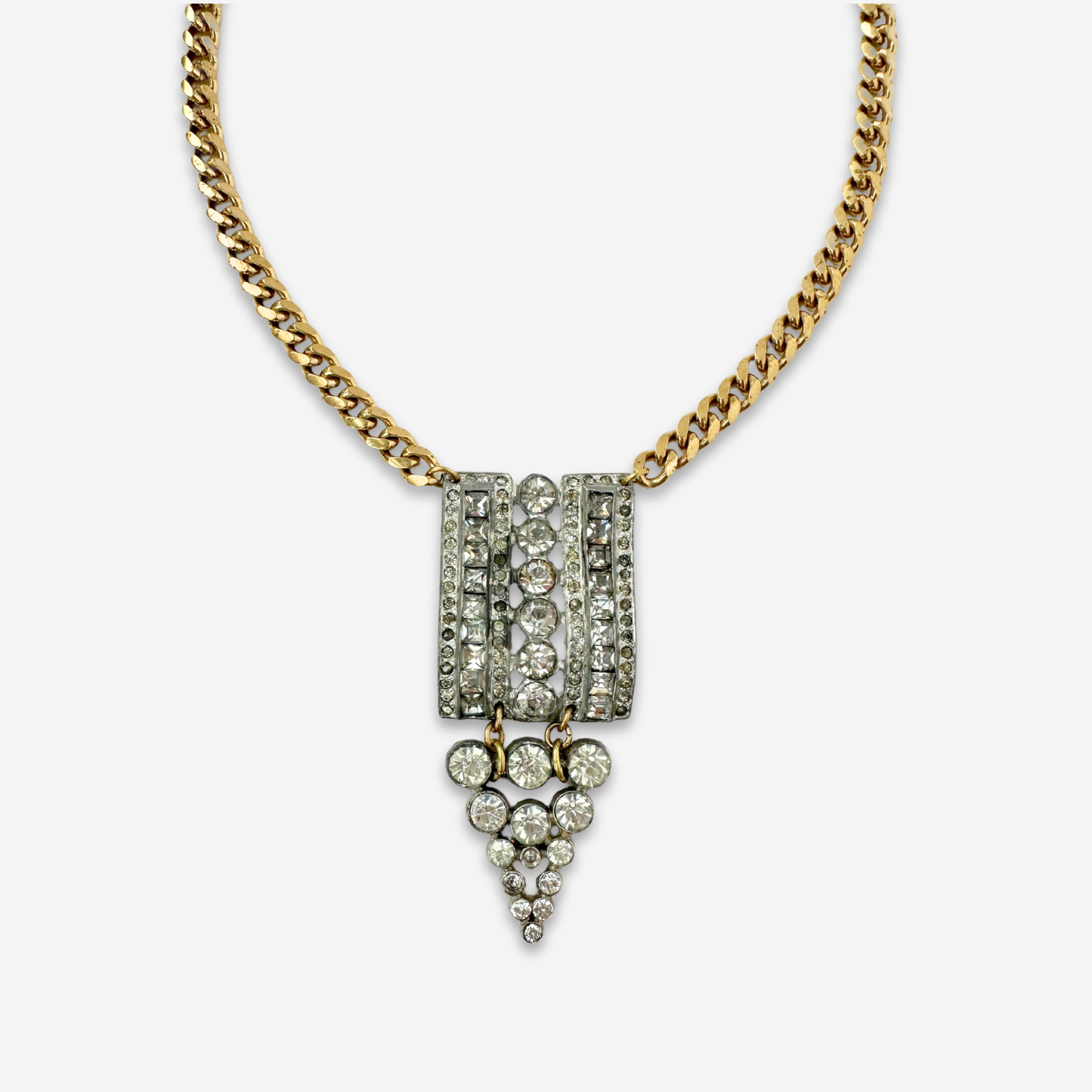 Refashioned 2-pc vintage art deco rhinestone and brass pendant assemblage necklace