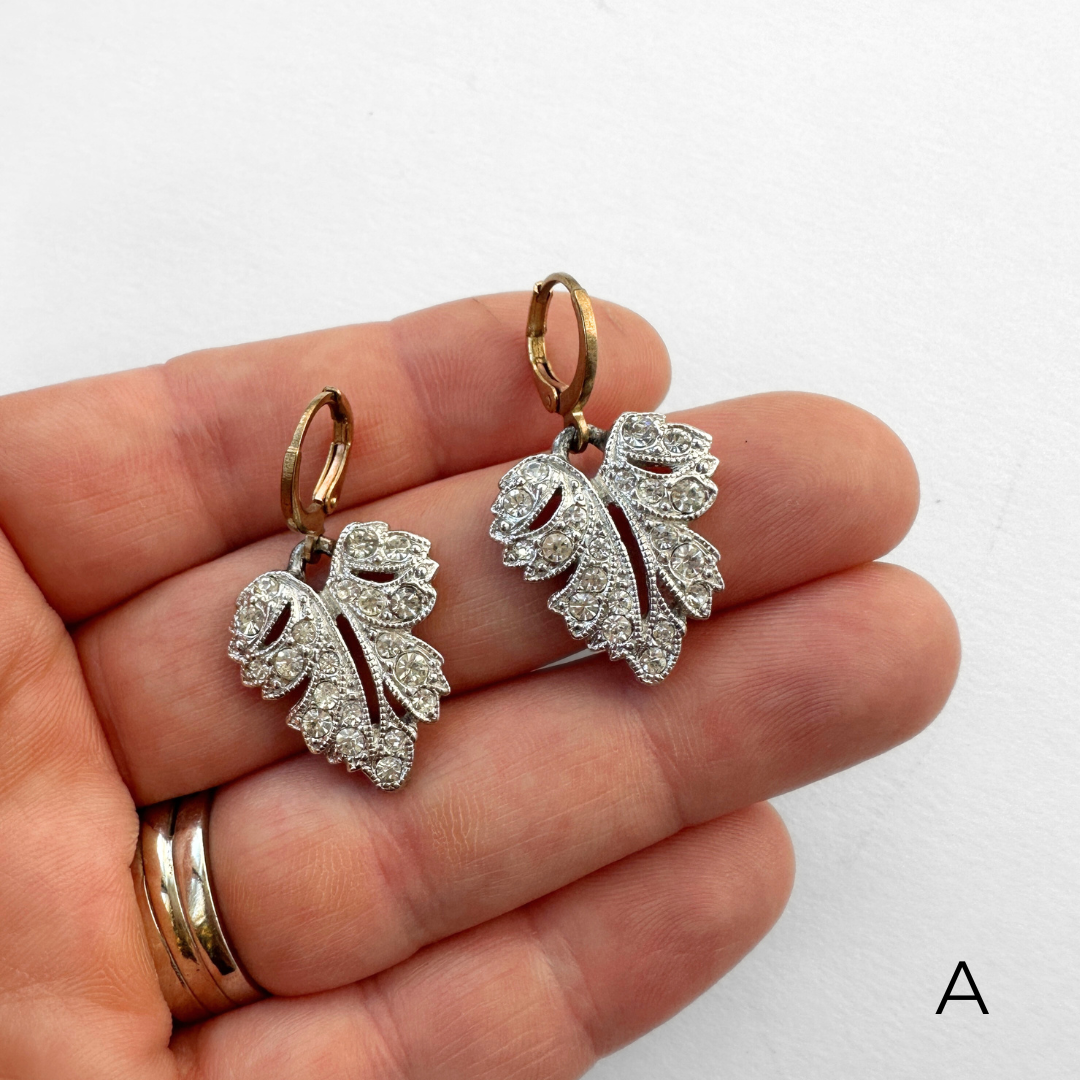 Refashioned vintage silver rhinestone leaf drops with brass lever backs
