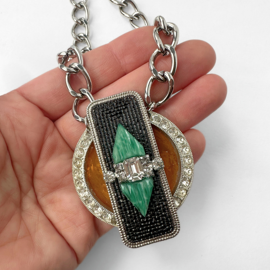 Repurposed Vintage black, green, and butterscotch bakelite rhinestone assemblage necklace