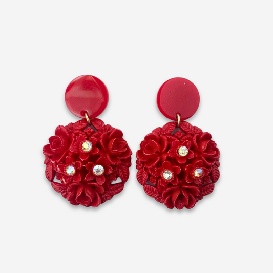 Refashioned vintage red molded plastic floral earrings