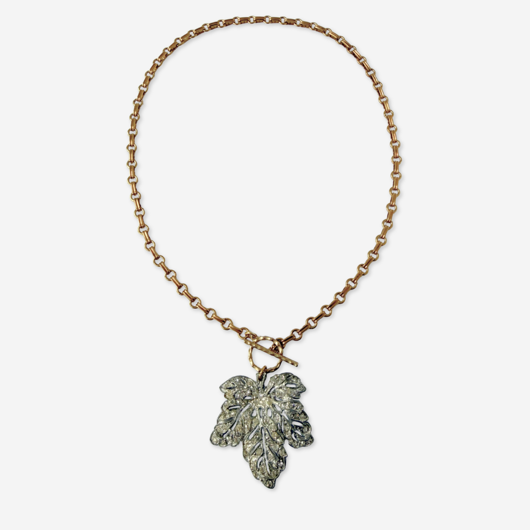 Refashioned Vintage clear rhinestone leaf pendant with brass chain and toggle