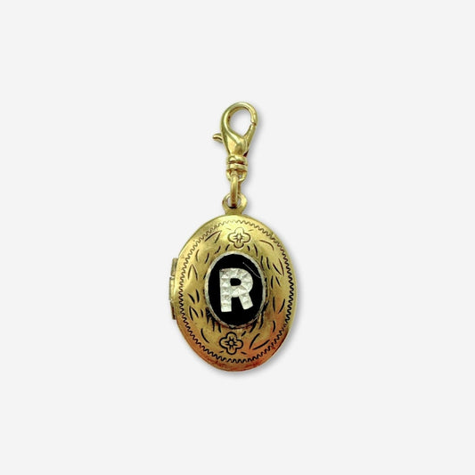 Vintage letter "R" embellished oval brass locket charm