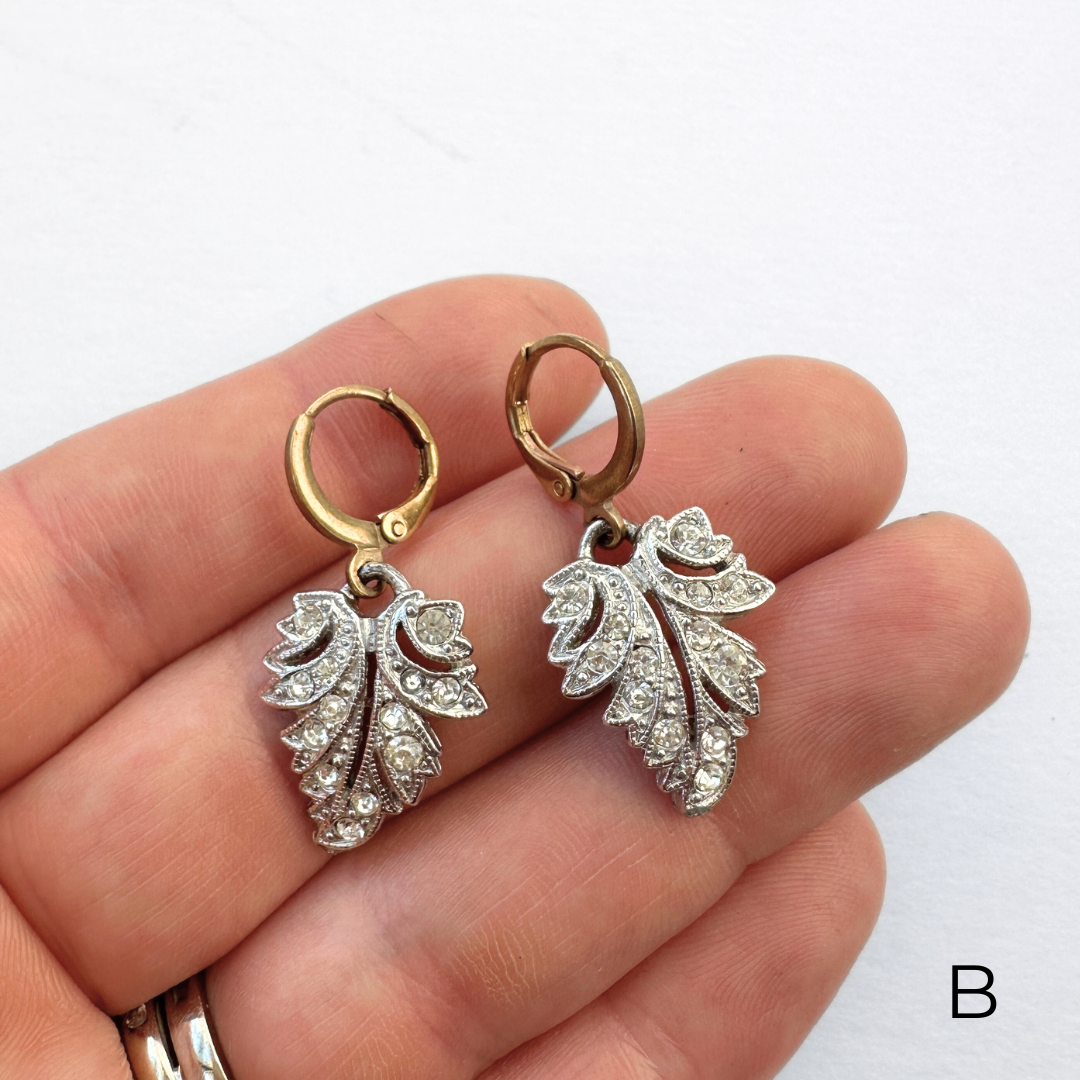 Refashioned vintage silver rhinestone leaf drops with brass lever backs