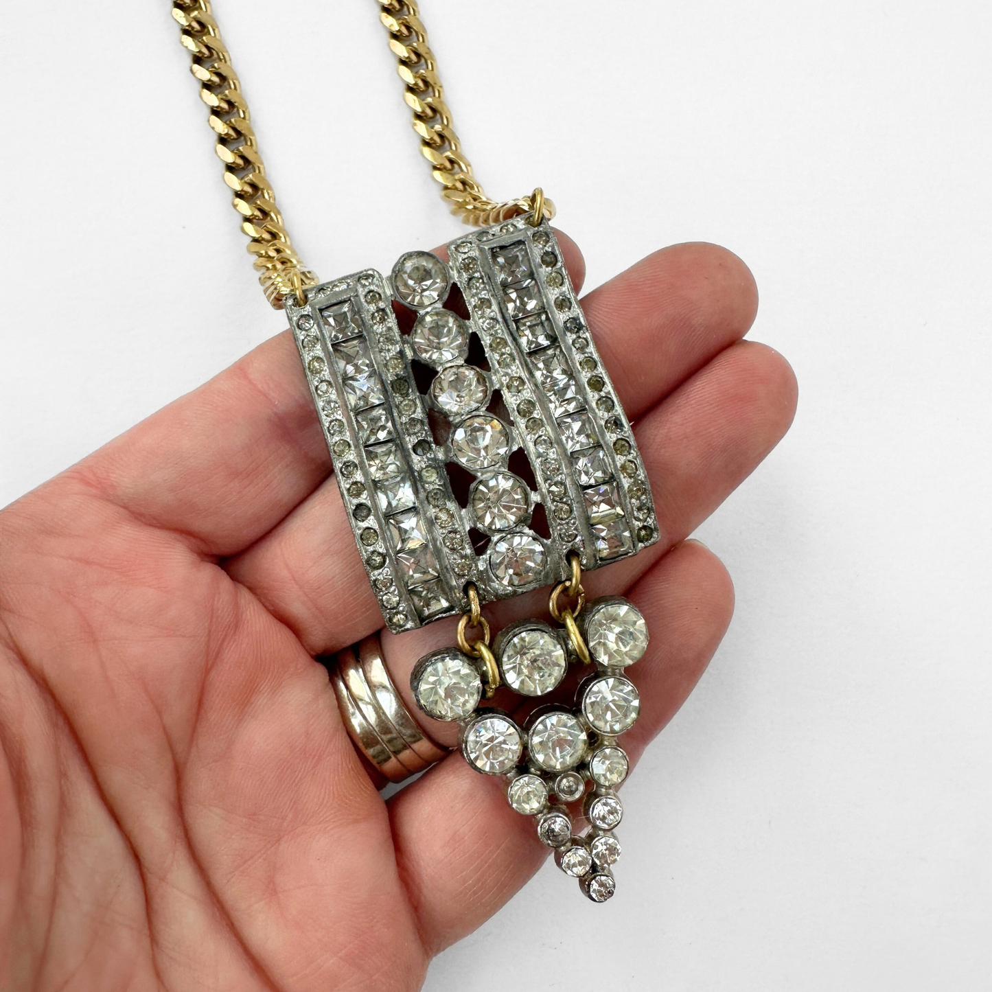 Refashioned 2-pc vintage art deco rhinestone and brass pendant assemblage necklace