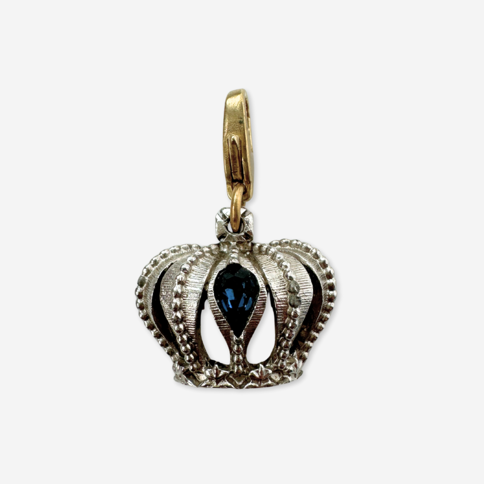 Vintage silver tone and sapphire rhinestone crown charm