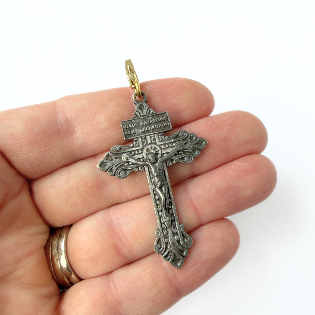 Refashioned Vintage ornate aged silver crucifix cross charm pendant