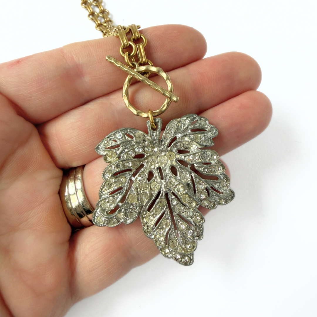Refashioned Vintage clear rhinestone leaf pendant with brass chain and toggle
