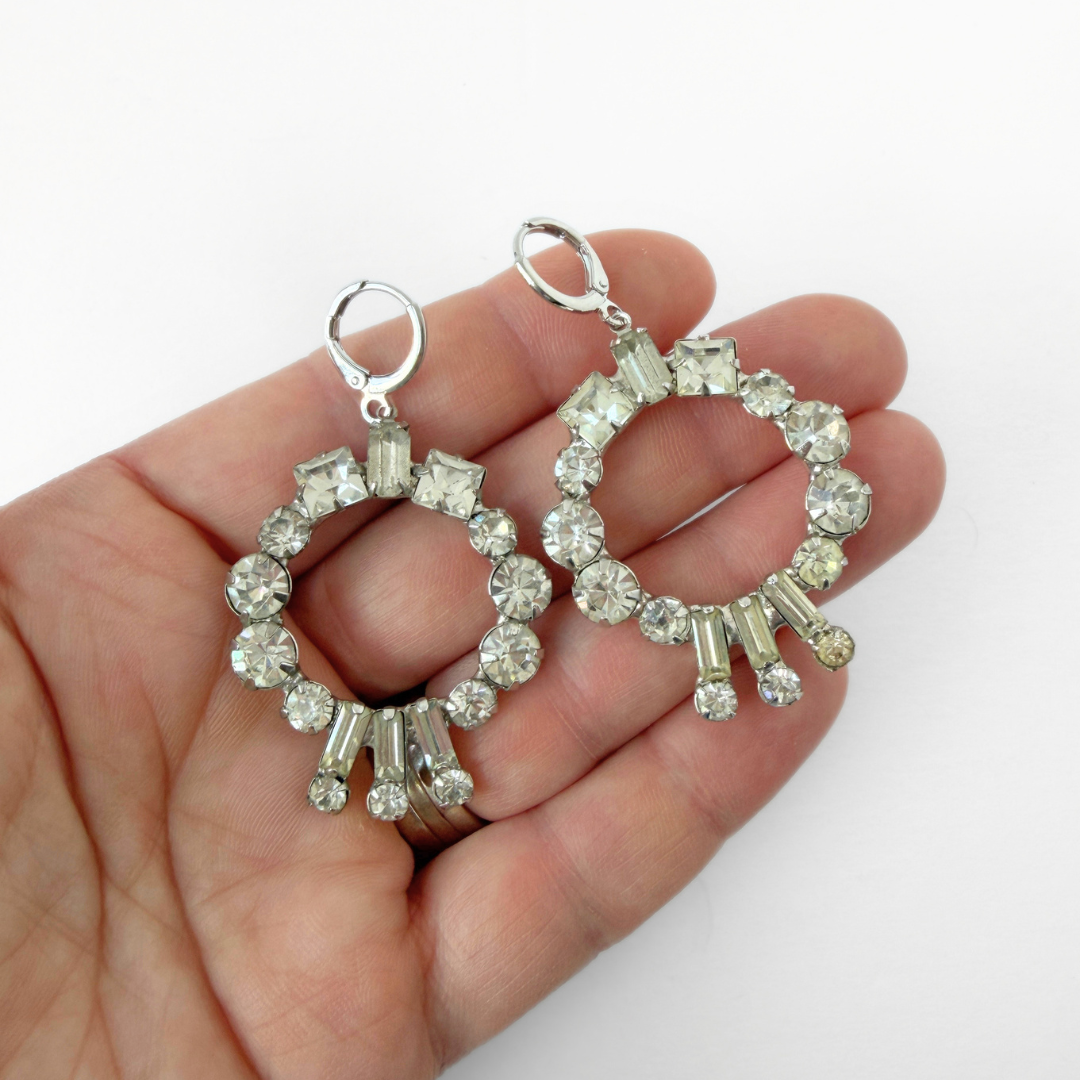 Refashioned vintage clear rhinestone hoop earrings