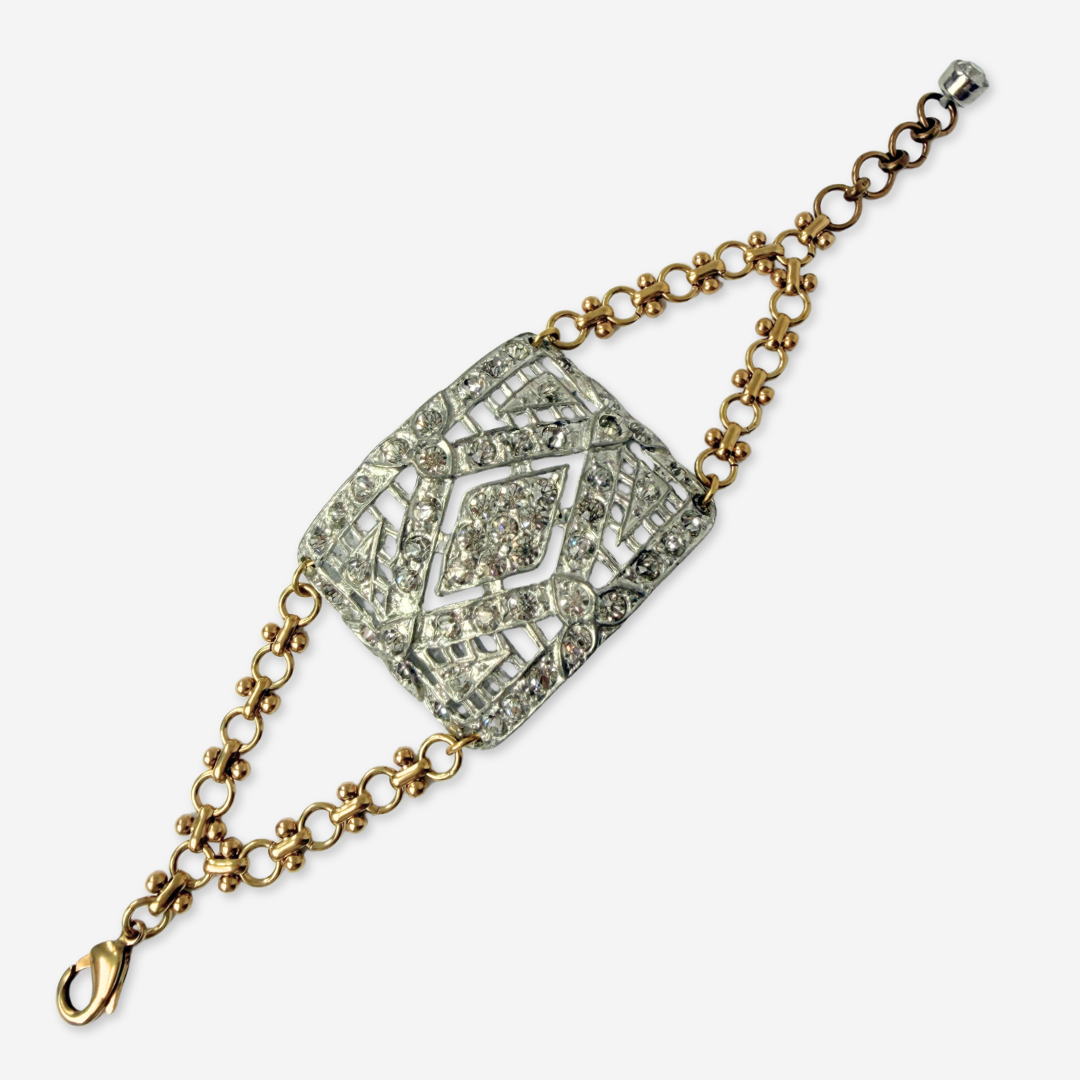 Refashioned Antique Rhinestone Shoe Buckle bracelet with brass chain