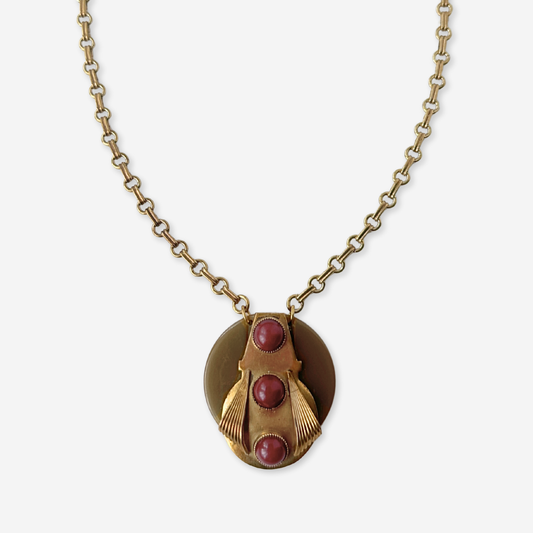 Repurposed olive bakelite and red carnelian assemblage pendant necklace