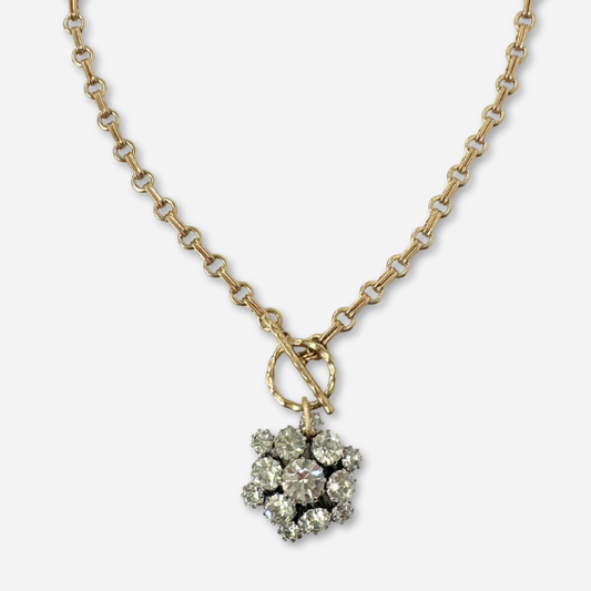 Vintage clear rhinestone pendant with brass chain and toggle clasp