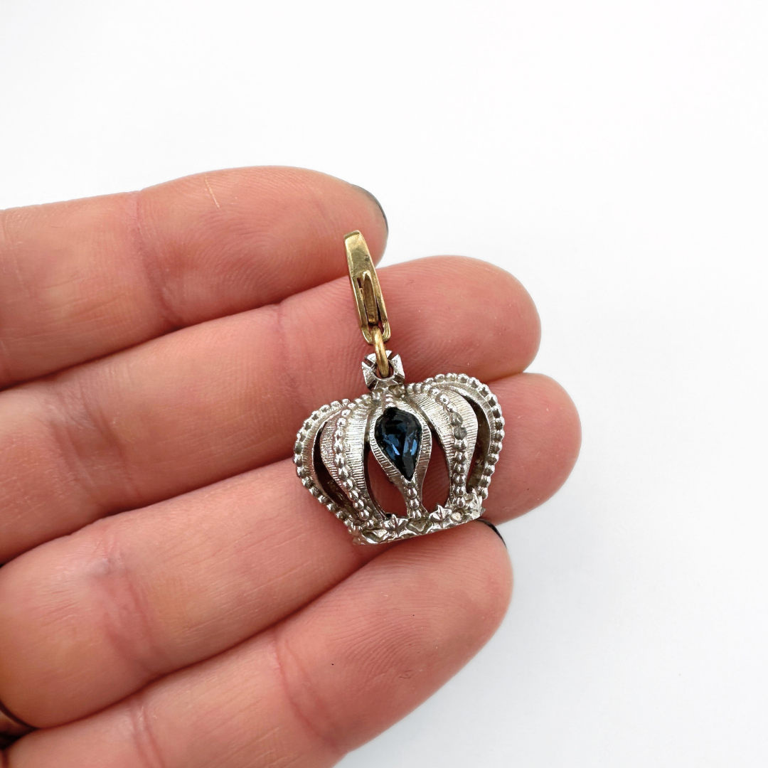 Vintage silver tone and sapphire rhinestone crown charm