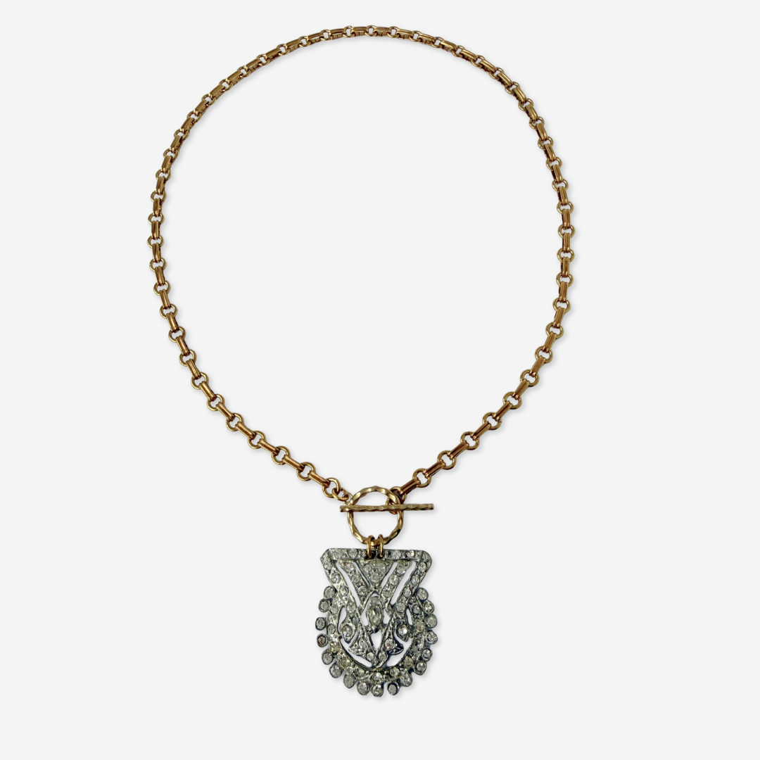 Refashioned Vintage clear rhinestone deco pendant with brass chain and toggle