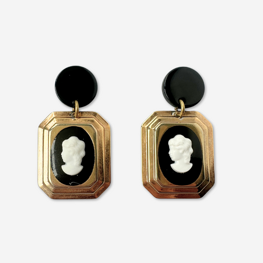 Black and gold refashioned vintage cameo statement earrings